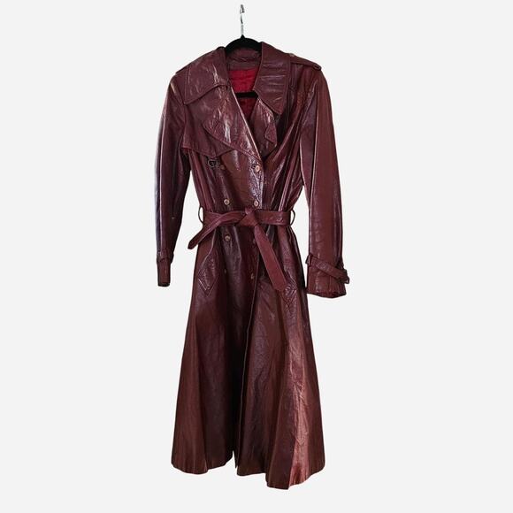 Long Red Leather Jacket Vinage 60s 70s Burgundy Large Trenchcoat - Picture 1 of 8